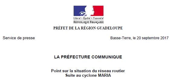 Point sur la situation du réseau routier Suite au cyclone MARIA 