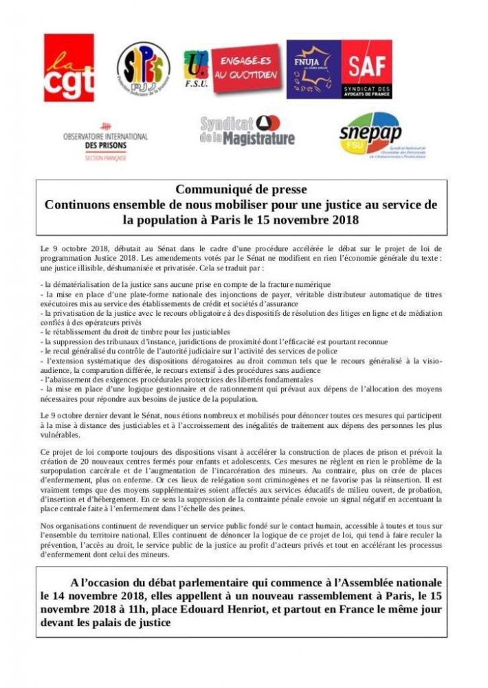 PJL Justice : appel à la mobilisation devant l'assemblée nationale, le 15 novembre 2018