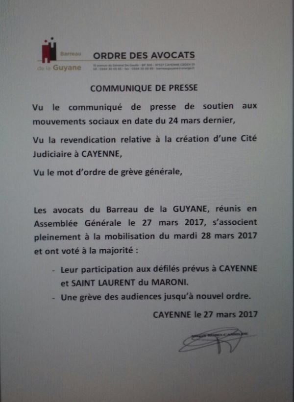 COMMUNIQUE DE PRESSE du Barreau de GUYANE - Soutien aux mouvements sociaux 