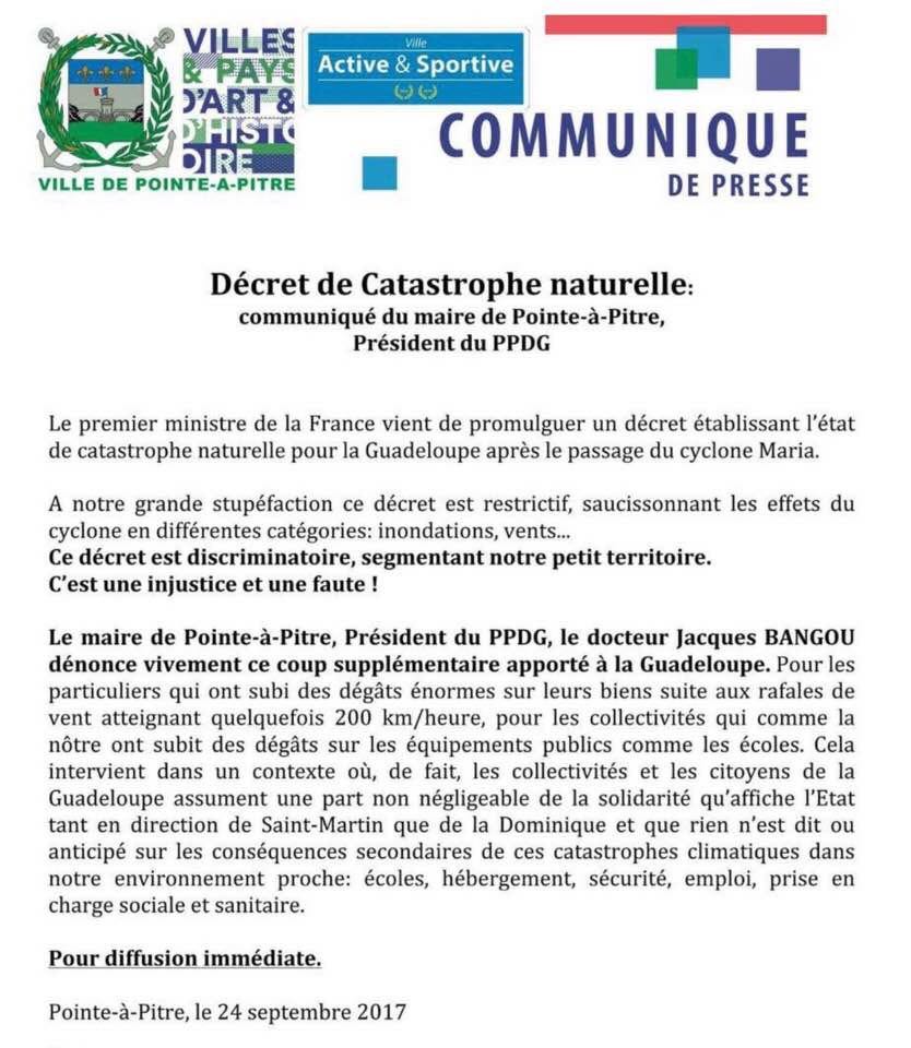 [ MARIA ] L'arrêté de catastrophe naturelle pris suite au cyclone Maria en Guadeloupe limite le périmètre...